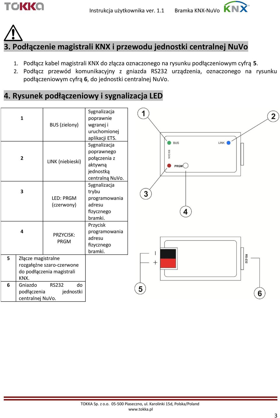 Rysunek podłączeniowy i sygnalizacja LED 1 2 3 4 BUS (zielony) LINK (niebieski) LED: PRGM (czerwony) PRZYCISK: PRGM 5 Złącze magistralne rozgałęźne szaro-czerwone do podłączenia magistrali KNX.