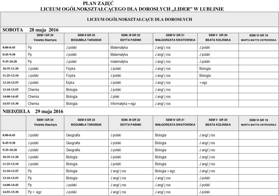 ang/ j ros 14:00-14:45 Chemia Biologia J plski J ang/ j ros 14:55-15:30 Chemia Biologia Informatyka + egz J ang/ j ros NIEDZIELA 29 maja 2016 8:00-8:45 J polski Geografia J polski Biologia J ang/ j