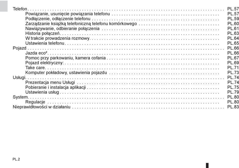................................................................ PL.63 W trakcie prowadzenia rozmowy..................................................... PL.64 Ustawienia telefonu............................................................... PL.65 Pojazd.