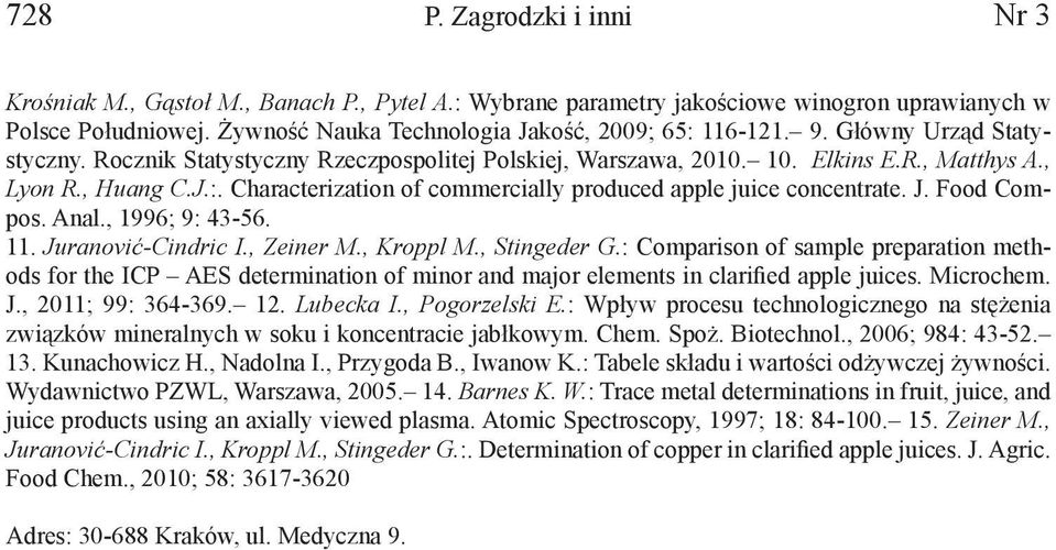 Characterization of commercially produced apple juice concentrate. J. Food Compos. Anal., 1996; 9: 43-56. 11. Juranović-Cindric I., Zeiner M., Kroppl M., Stingeder G.