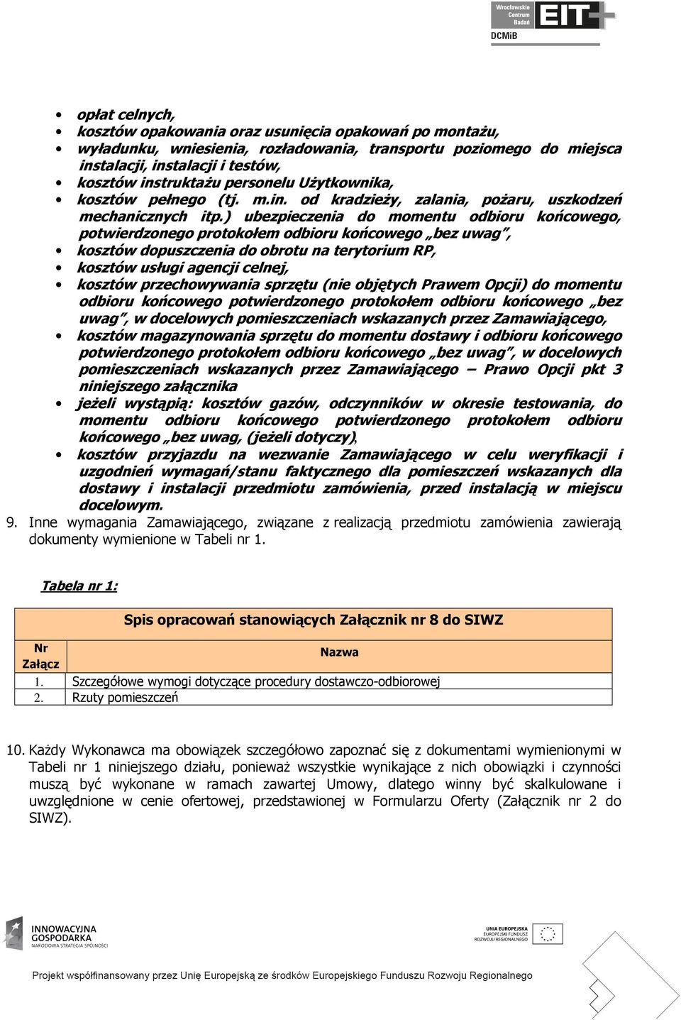 ) ubezpieczenia do momentu odbioru końcowego, potwierdzonego protokołem odbioru końcowego bez uwag, kosztów dopuszczenia do obrotu na terytorium RP, kosztów usługi agencji celnej, kosztów