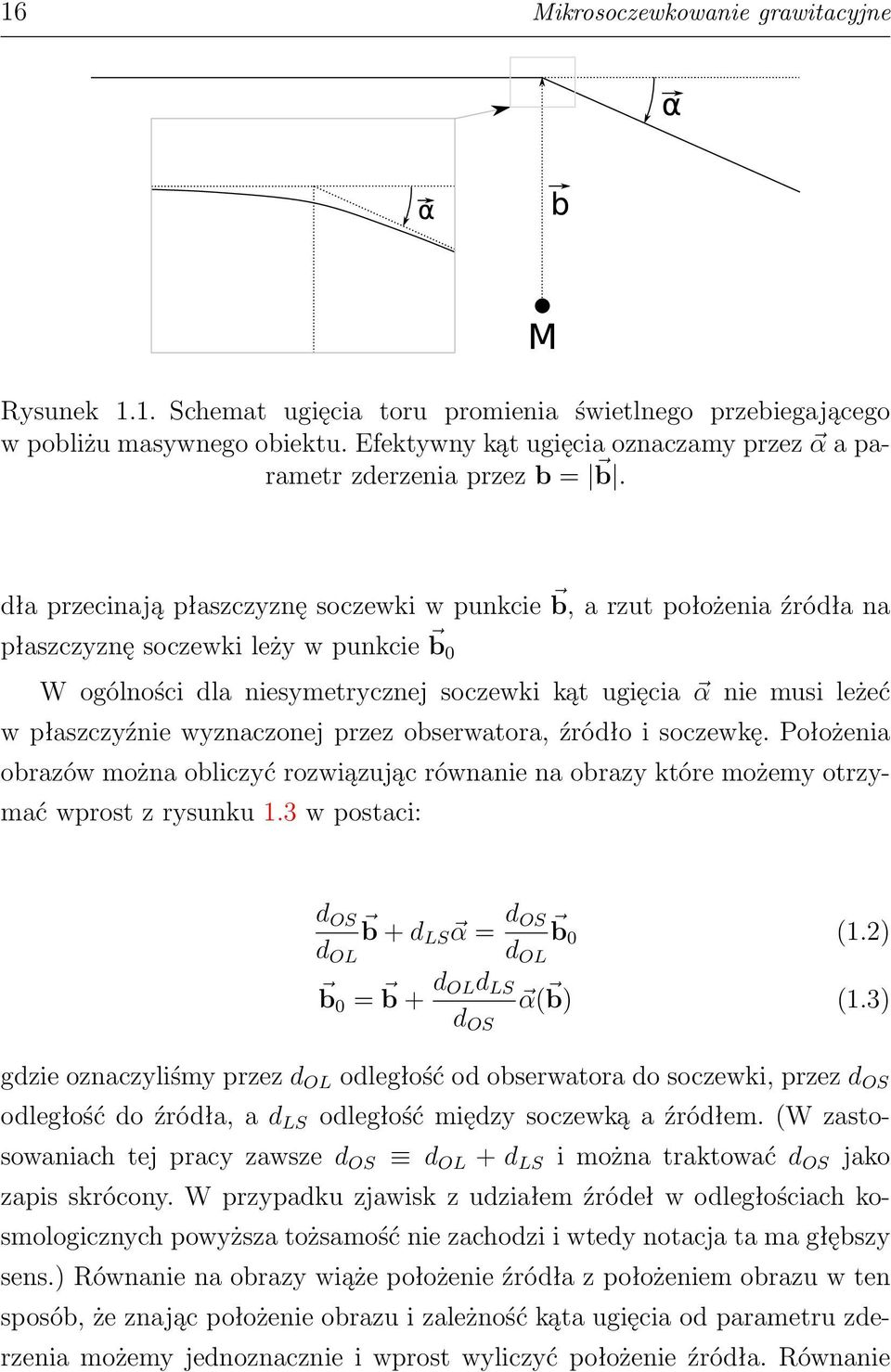 dła przecinają płaszczyznę soczewki w punkcie b, a rzut położenia źródła na płaszczyznę soczewki leży w punkcie b 0 W ogólności dla niesymetrycznej soczewki kąt ugięcia α nie musi leżeć w