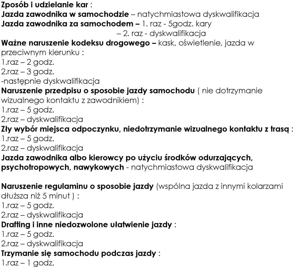 -następnie dyskwalifikacja Naruszenie przedpisu o sposobie jazdy samochodu ( nie dotrzymanie wizualnego kontaktu z zawodnikiem) : Zły wybór miejsca odpoczynku, niedotrzymanie wizualnego kontaktu z