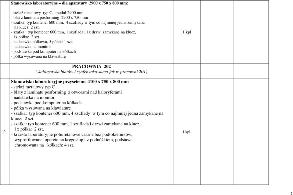 PRACOWNIA 202 ( kolorystyka blatów i szafek taka sama jak w pracowni 201) Stanowisko laboratoryjne przyścienne 4100 x 750 x 800 mm - stelaż metalowy typ C - blaty z laminatu posforming z otworami nad