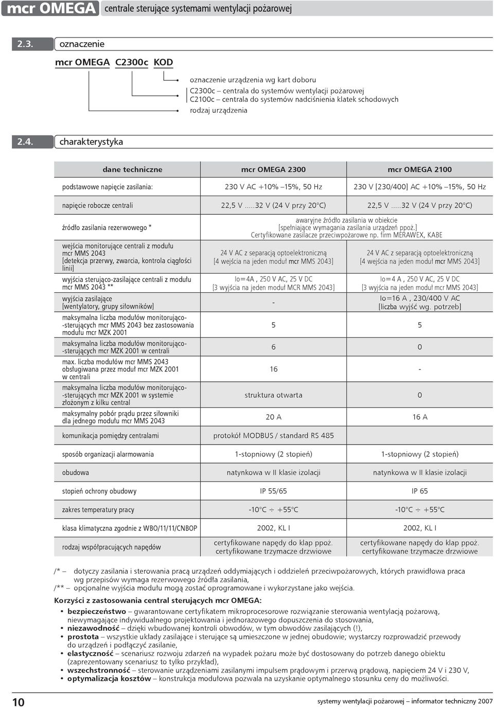 charakterystyka dane techniczne mcr OMEGA 2300 mcr OMEGA 2100 podstawowe napięcie zasilania: 230 V AC +10% 15%, 50 Hz 230 V [230/400] AC +10% 15%, 50 Hz napięcie robocze centrali 22,5 V.