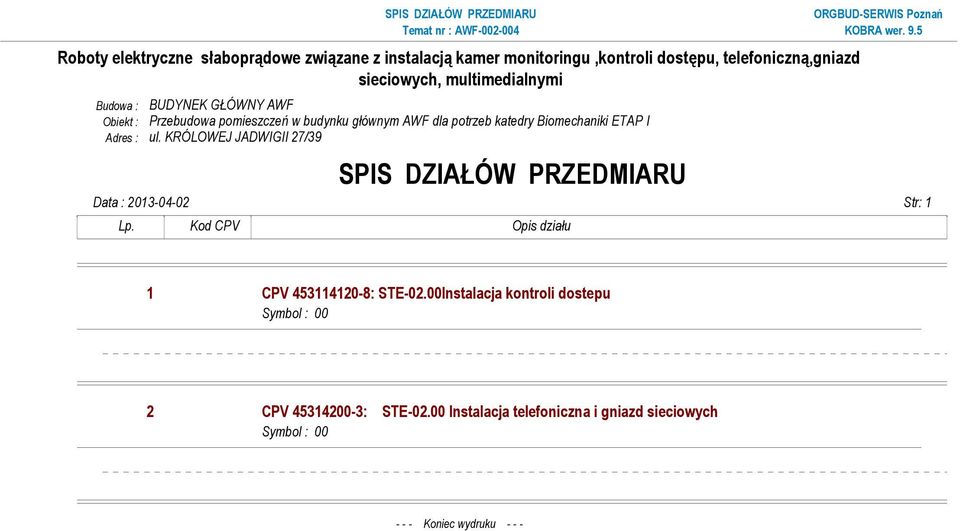 Kod CPV Opis działu 1 CPV 453114120-8: STE-02.