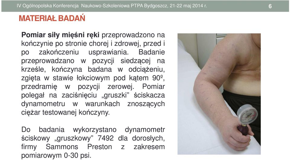 Badanie przeprowadzano w pozycji siedzącej na krześle, kończyna badana w odciążeniu, zgięta w stawie łokciowym pod kątem 90º,