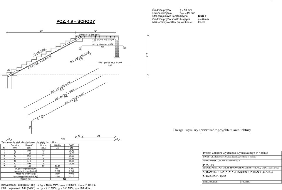 l=51 51 Nr φ10 co l=593 432 70 12 78 Uwg: wymiry sprwdzć z projektem rchitektury 40 215 35 Zestwienie stli zbrojeniowej dl płyty l = 1,57 m Średnic Długość Liczb St0S-b 34GS Nr [mm] [cm] [szt.