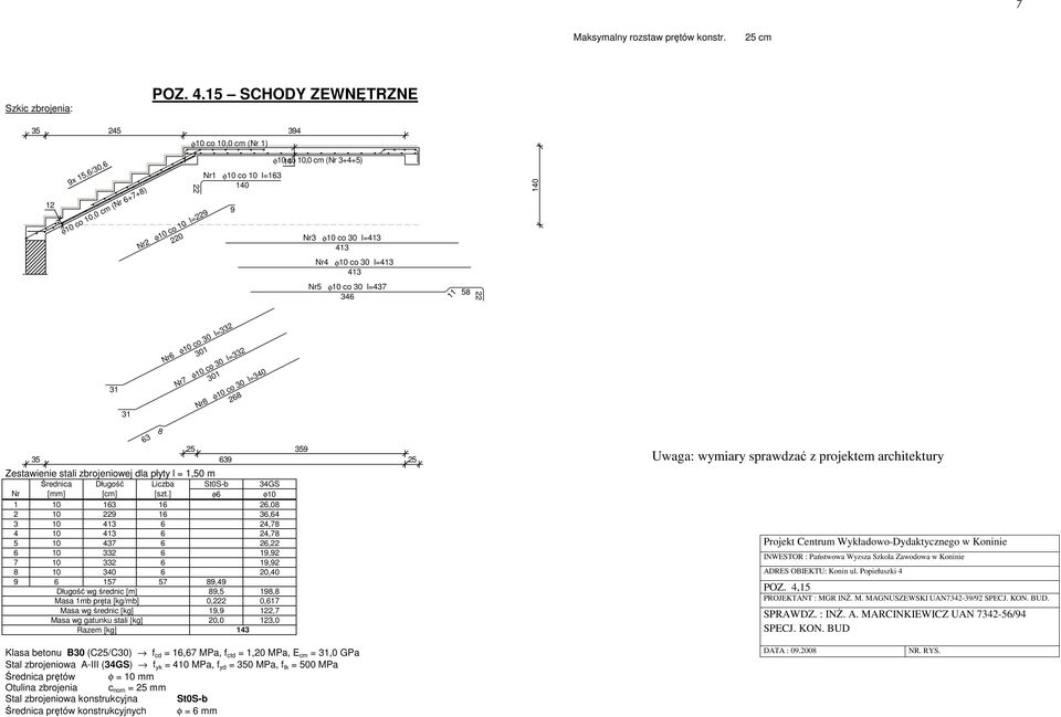 l=413 413 Nr5 φ10 co l=437 34 11 58 22 0 31 31 Nr φ10 co l=332 1 Nr7 φ10 co l=332 1 Nr8 φ10 co l=340 28 3 8 359 35 39 Zestwienie stli zbrojeniowej dl płyty l = 1,50 m Średnic Długość Liczb St0S-b