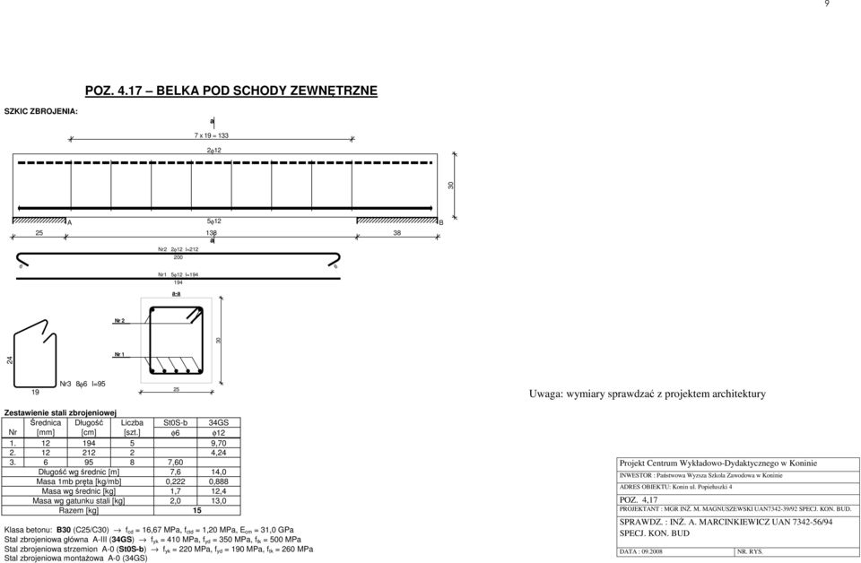 zbrojeniowej Średnic Długość Liczb St0S-b 34GS Nr [mm] [cm] [szt.] φ φ12 1. 12 194 5 9,70 2. 12 212 2 4,24 3.