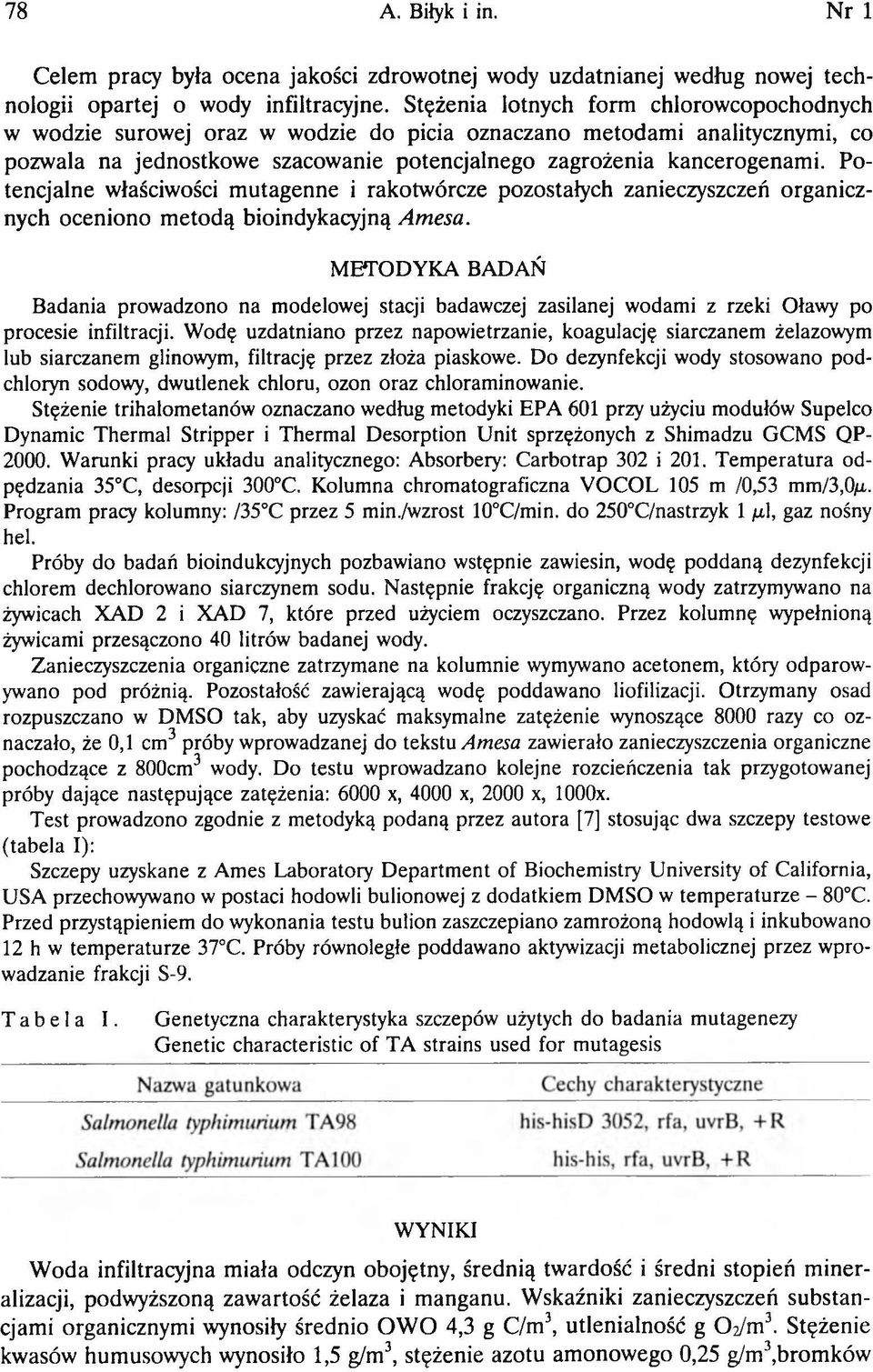 Potencjalne właściwości m utagenne i rakotwórcze pozostałych zanieczyszczeń organicznych oceniono m etodą bioindykacyjną Am esa.