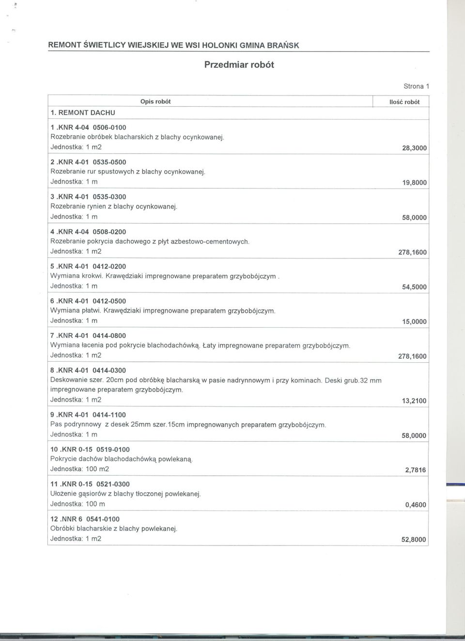 KNR 404 05080200 Rozebranie pokrycia dachowego z plyt azbestowocementowych. Jednostka: 1 m2 278,1600 5.KNR 401 04120200 Wymiana krokwi. Krawedziaki impregnowane preparatem grzybobójczym.