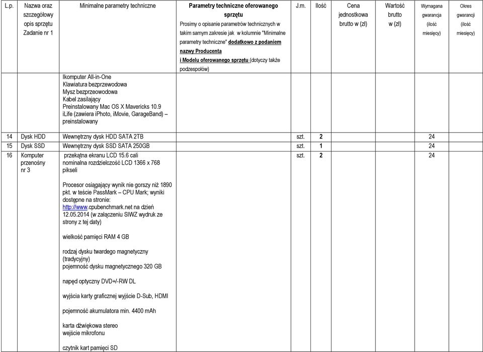 1 24 16 Komputer przenośny nr 3 przekątna ekranu LCD 15.6 cali nominalna rozdzielczość LCD 1366 x 768 pikseli Procesor osiągający wynik nie gorszy niż 1890 pkt.