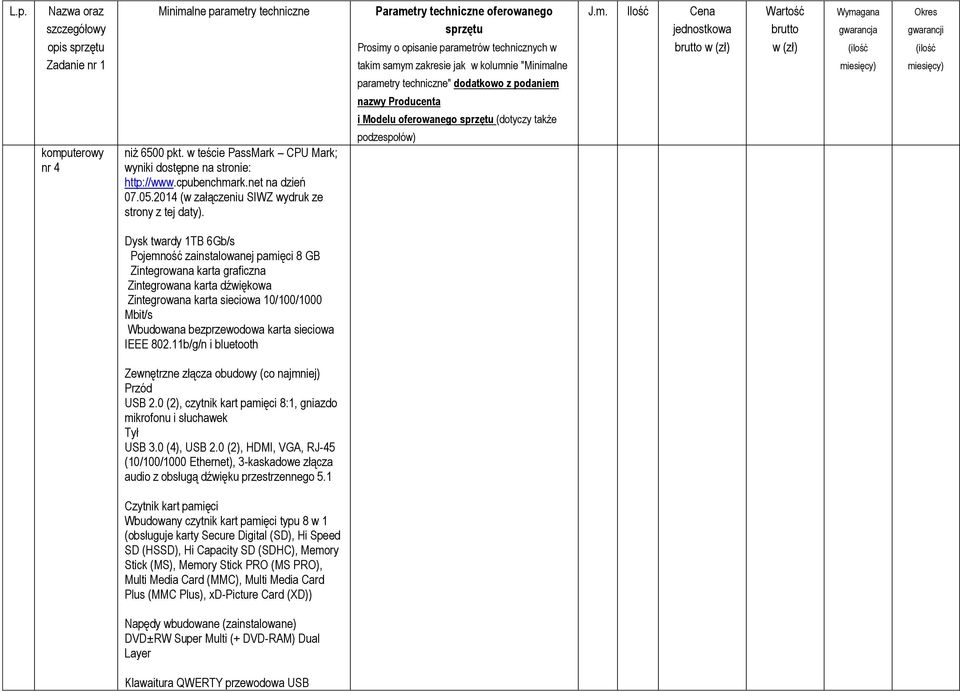 sieciowa IEEE 802.11b/g/n i bluetooth Zewnętrzne złącza obudowy (co najmniej) Przód USB 2.0 (2), czytnik kart pamięci 8:1, gniazdo mikrofonu i słuchawek Tył USB 3.0 (4), USB 2.