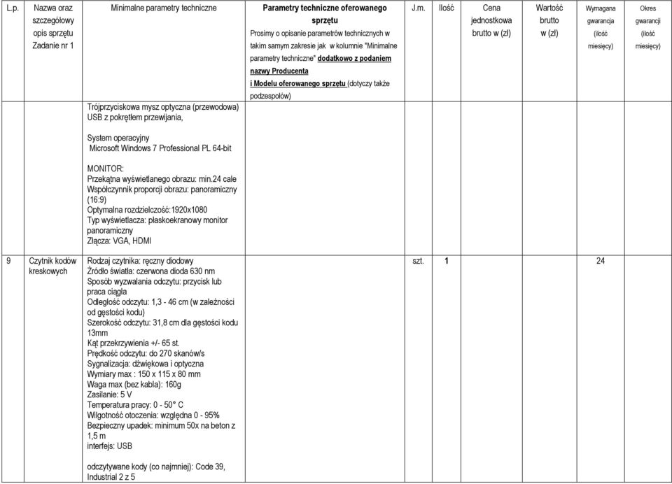 czytnika: ręczny diodowy Źródło światła: czerwona dioda 630 nm Sposób wyzwalania odczytu: przycisk lub praca ciągła Odległość odczytu: 1,3-46 cm (w zależności od gęstości kodu) Szerokość odczytu: