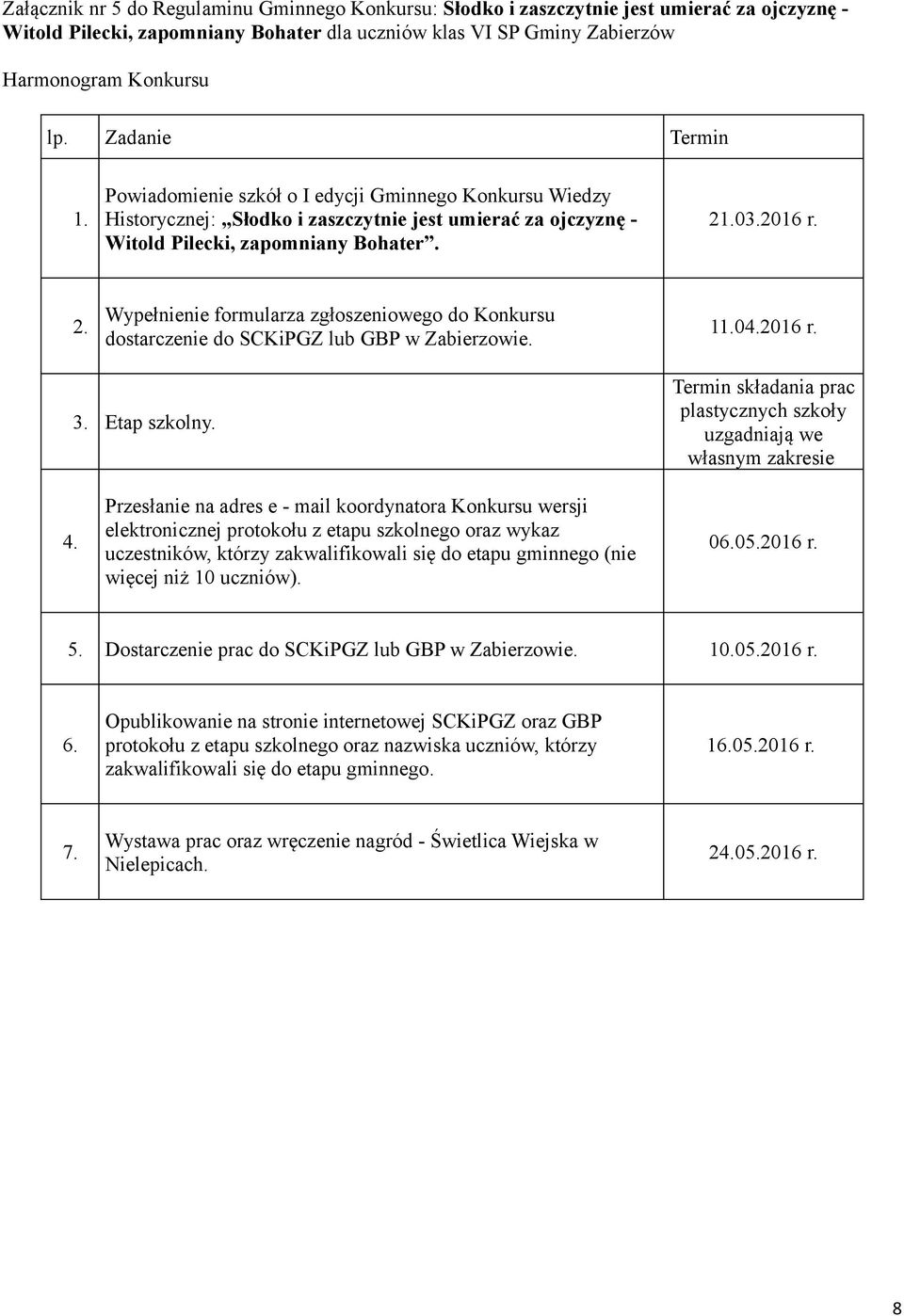 .03.2016 r. 2. Wypełnienie formularza zgłoszeniowego do Konkursu dostarczenie do SCKiPGZ lub GBP w Zabierzowie. 11.04.2016 r. 3. Etap szkolny.