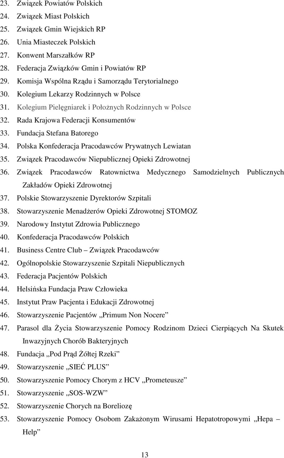 Fundacja Stefana Batorego 34. Polska Konfederacja Pracodawców Prywatnych Lewiatan 35. Związek Pracodawców Niepublicznej Opieki Zdrowotnej 36.