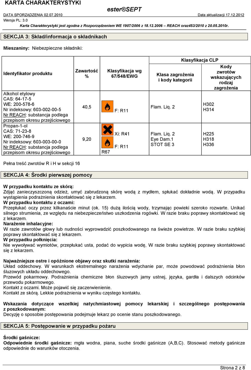 67/548/EWG F: R11 Xi: R41 F: R11 Klasa zagrożenia i kody kategorii Flam. Liq. 2 Flam. Liq. 2 Eye Dam.