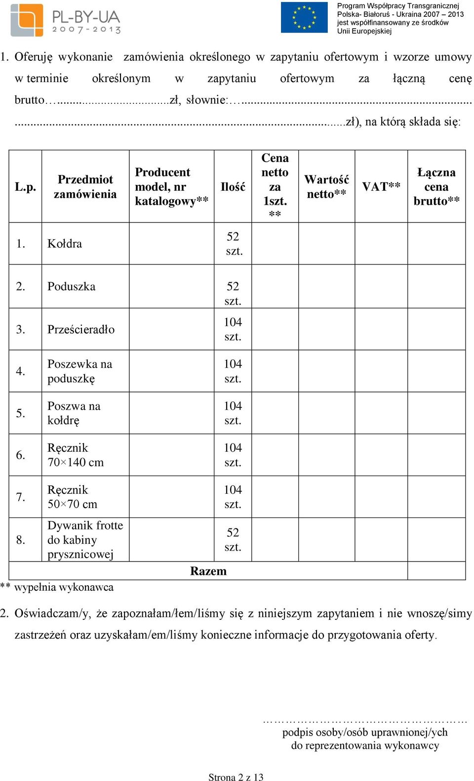 Ręcznik 50 70 cm Dywanik frotte do kabiny prysznicowej ** wypełnia wykonawca Razem 104 52 2.