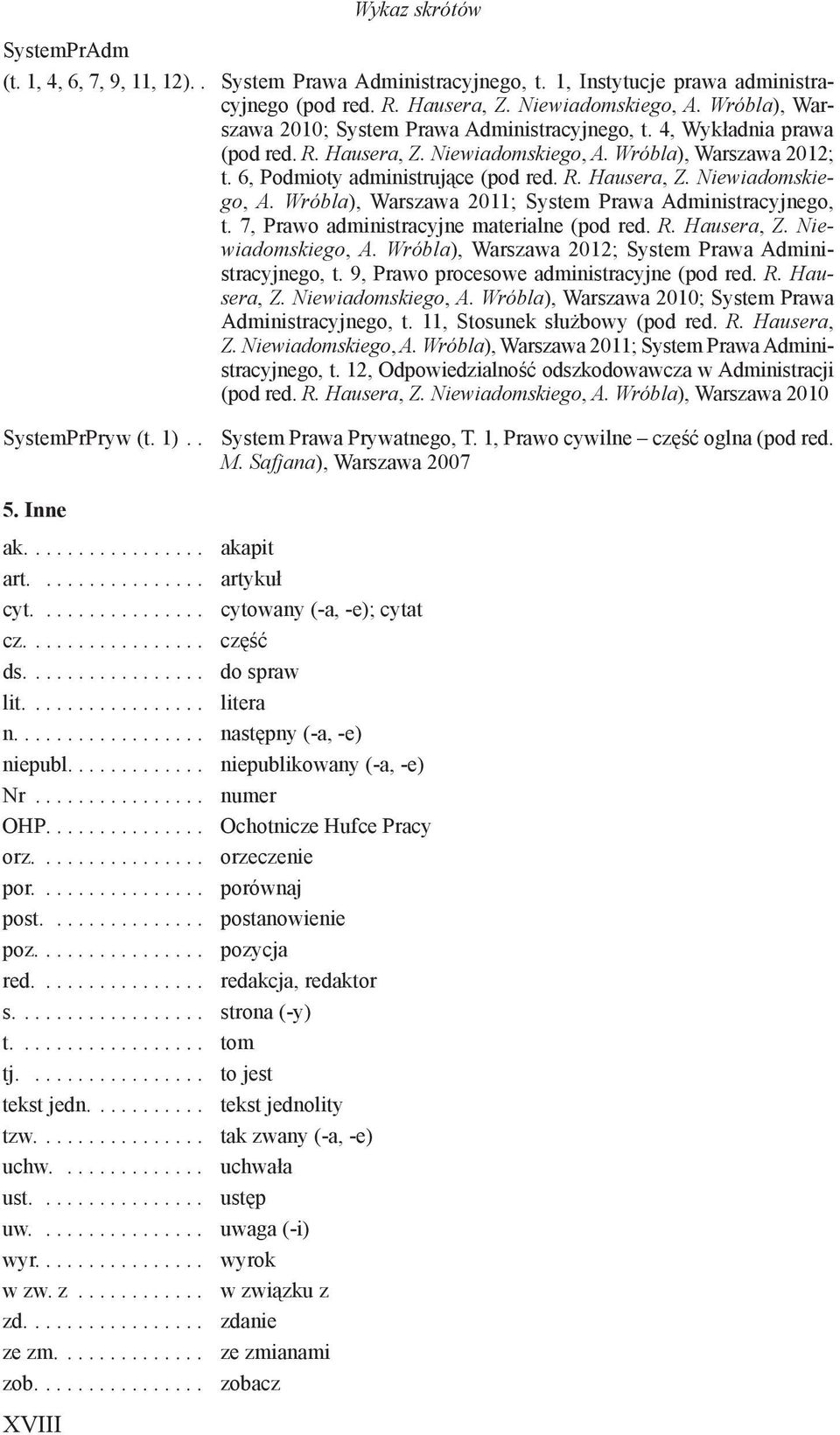 7, Prawo administracyjne materialne (pod red. R. Hausera, Z. Niewiadomskiego, A. Wróbla), Warszawa 2012; System Prawa Administracyjnego, t. 9, Prawo procesowe administracyjne (pod red. R. Hausera, Z. Niewiadomskiego, A. Wróbla), Warszawa 2010; System Prawa Administracyjnego, t.