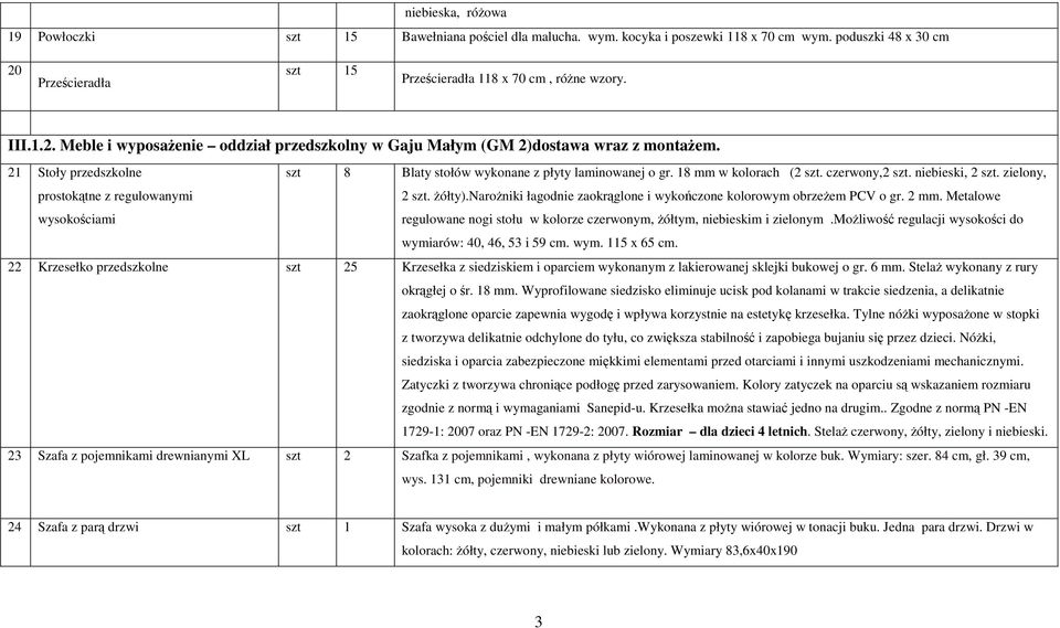 21 Stoły przedszkolne prostokątne z regulowanymi wysokościami szt 8 Blaty stołów wykonane z płyty laminowanej o gr. 18 mm w kolorach (2 szt. czerwony,2 szt. niebieski, 2 szt. zielony, 2 szt. żółty).
