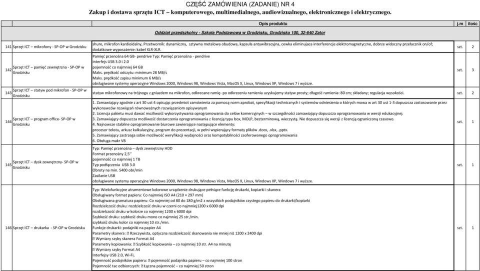 m ilośc 141 Sprzęt ICT mikrofony - SP-OP w Sprzęt ICT pamięć zewnętrzna - SP-OP w 142 Sprzęt ICT statyw pod mikrofon - SP-OP w 143 Sprzęt ICT program office- SP-OP w 144 Sprzęt ICT dysk zewnętrzny-