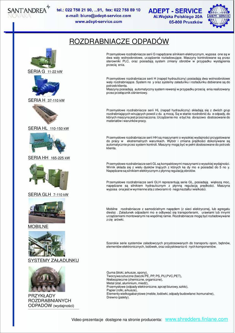 SERIA G 11-22 kw Przemysłowe rozdrabniacze serii H (napęd hydrauliczny) posiadają dwa wolnoobrotowe wały rozdrabniające. oraz systemy załadunku i rozładunku dobierane są do potrzeb klienta.