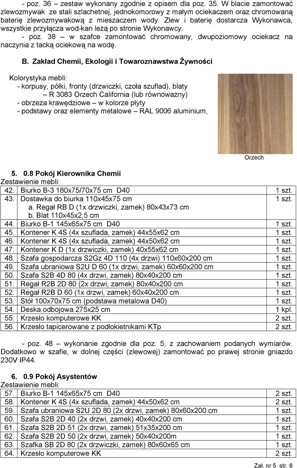 Zakład Chemii, Ekologii i Towaroznawstwa Żywności Kolorystyka mebli: - korpusy, półki, fronty (drzwiczki, czoła szuflad), blaty R 3083 Orzech California (lub równoważny) - obrzeża krawędziowe w