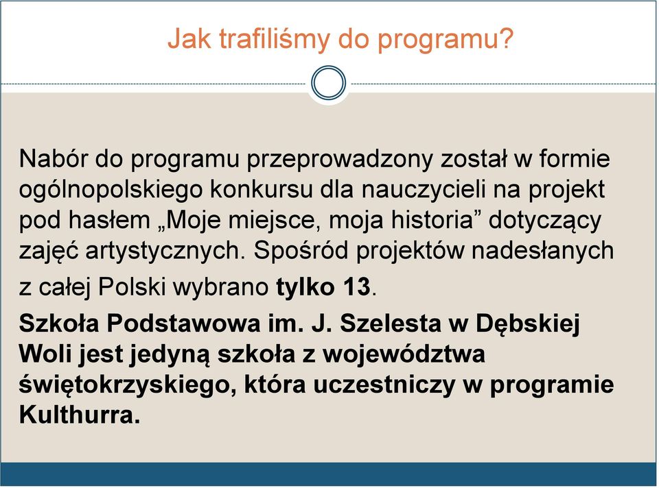 pod hasłem Moje miejsce, moja historia dotyczący zajęć artystycznych.