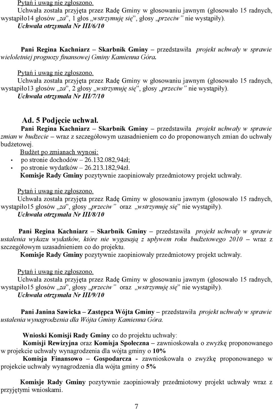 Uchwała została przyjęta przez Radę Gminy w głosowaniu jawnym (głosowało 15 radnych, wystąpiło13 głosów za, 2 głosy wstrzymuję się, głosy przeciw nie wystąpiły). Uchwała otrzymała Nr III/7/10 Ad.