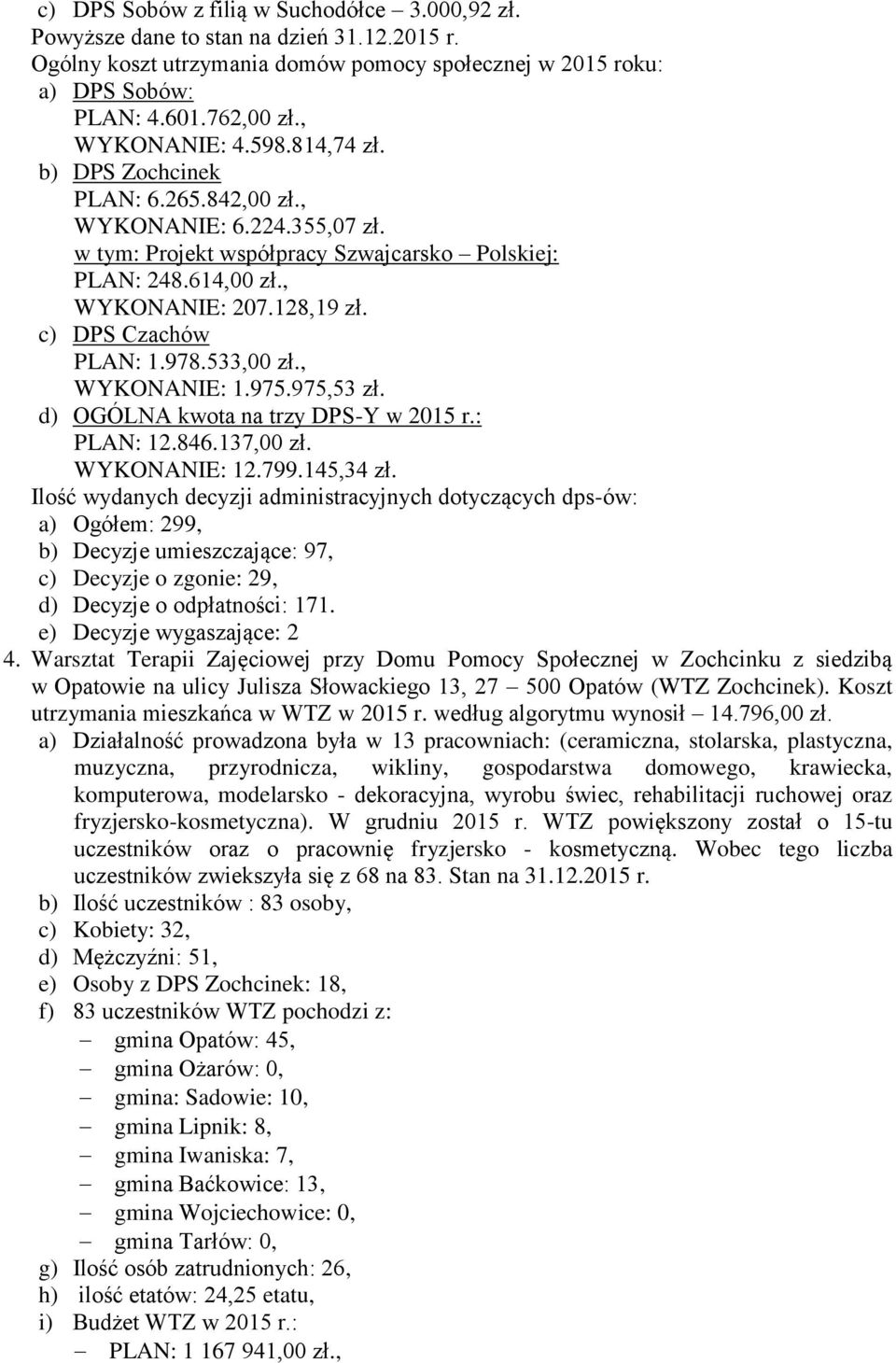 c) DPS Czachów PLAN: 1.978.533,00 zł., WYKONANIE: 1.975.975,53 zł. d) OGÓLNA kwota na trzy DPS-Y w 2015 r.: PLAN: 12.846.137,00 zł. WYKONANIE: 12.799.145,34 zł.