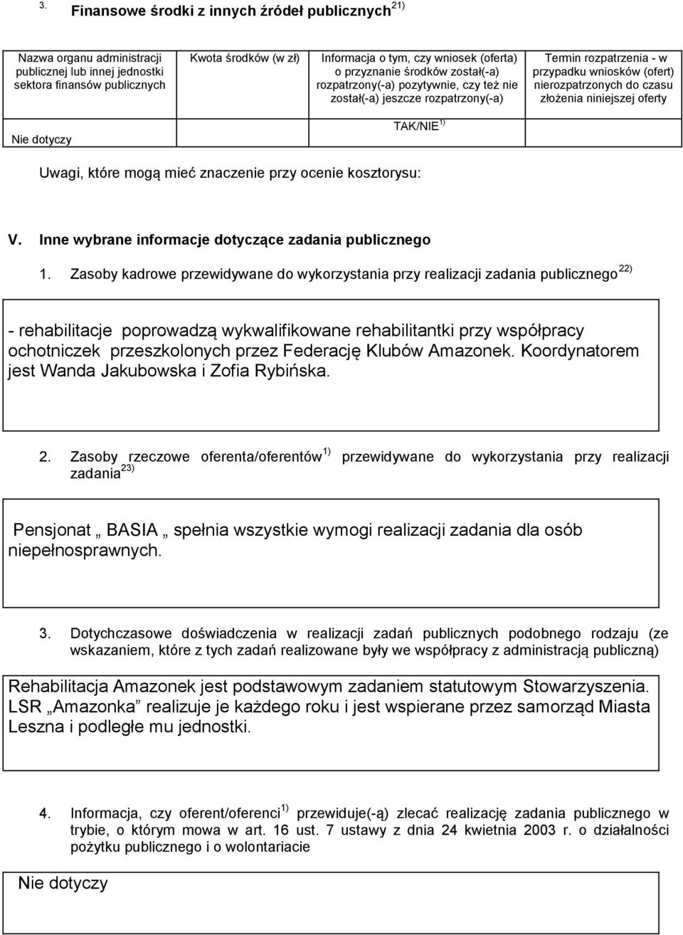 oferty TAK/NIE 1) Uwagi, które mogą mieć znaczenie przy ocenie kosztorysu: V. Inne wybrane informacje dotyczące zadania publicznego 1.