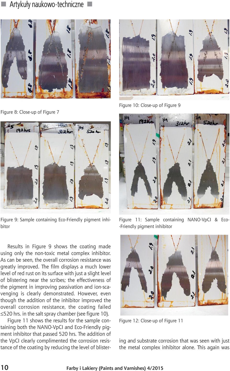 The film displays a much lower level of red rust on its surface with just a slight level of blistering near the scribes; the effectiveness of the pigment in improving passivation and ion-scavenging