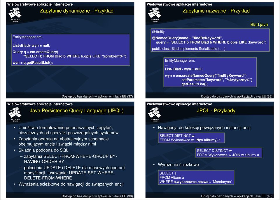 opis LIKE :keyword") public class Blad implements Serializable { } EntityManager em; List<Blad> wyn = null; wyn = em.createnamedquery("findbykeyword").setparameter("keyword", "%krytyczny%").