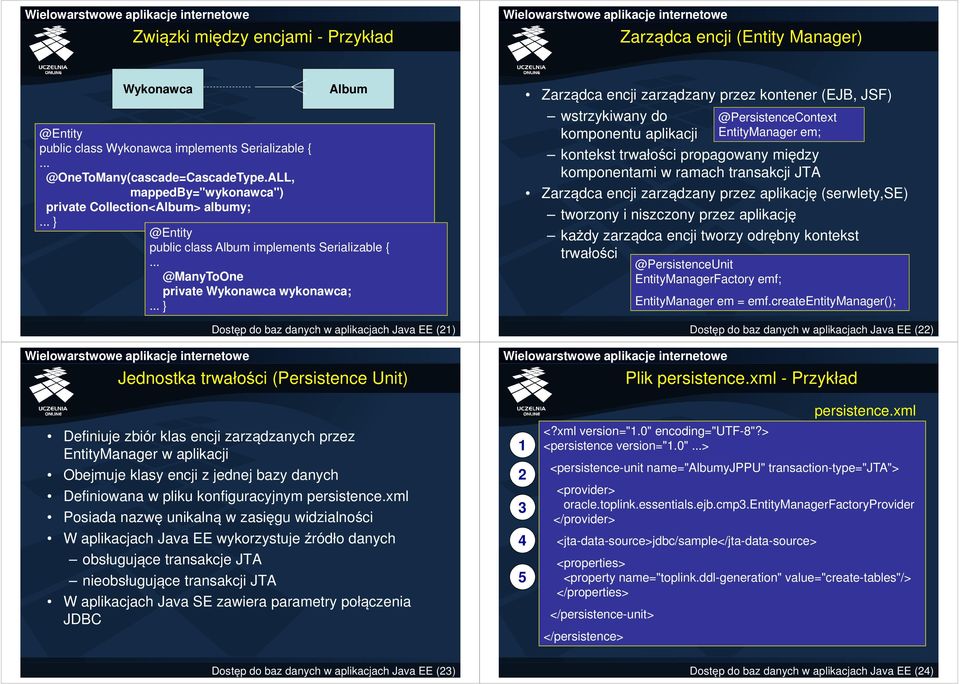 EE (21) Jednostka trwałości (Persistence Unit) Zarządca encji zarządzany przez kontener (EJB, JSF) wstrzykiwany do @PersistenceContext komponentu aplikacji EntityManager em; kontekst trwałości