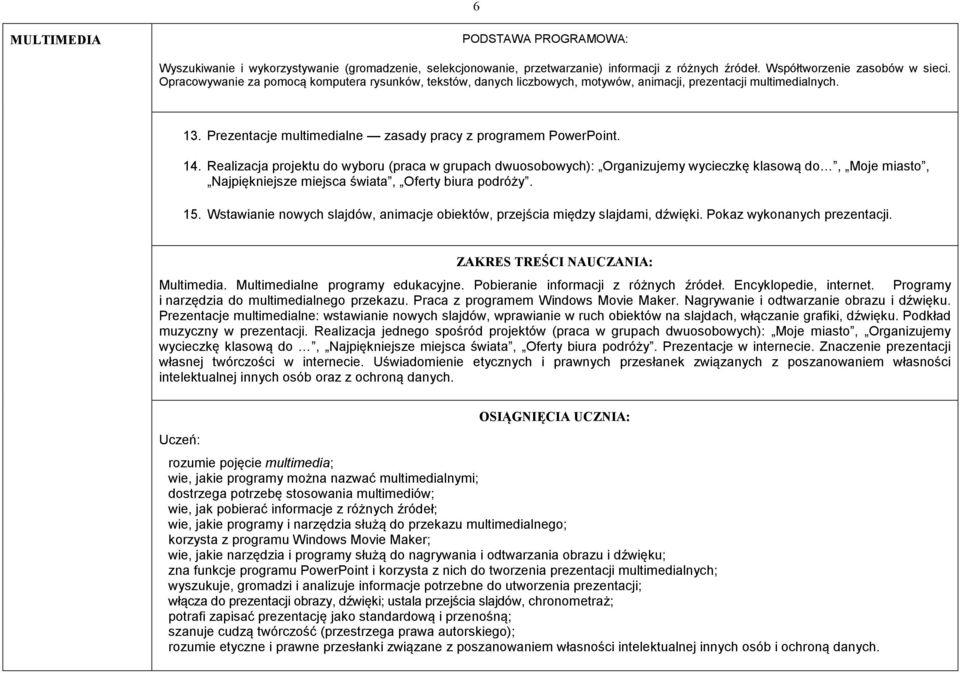 Realizacja projektu do wyboru (praca w grupach dwuosobowych): Organizujemy wycieczkę klasową dol, Moje miasto, Najpiękniejsze miejsca świata, Oferty biura podróży. 15.