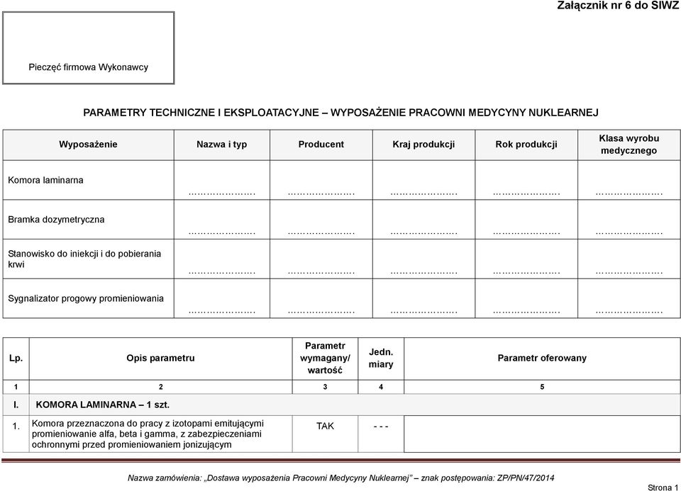 ......... Sygnalizator progowy promieniowania..... Lp. Opis parametru Parametr wymagany/ wartość Jedn. miary Parametr oferowany 1 2 3 4 5 I.