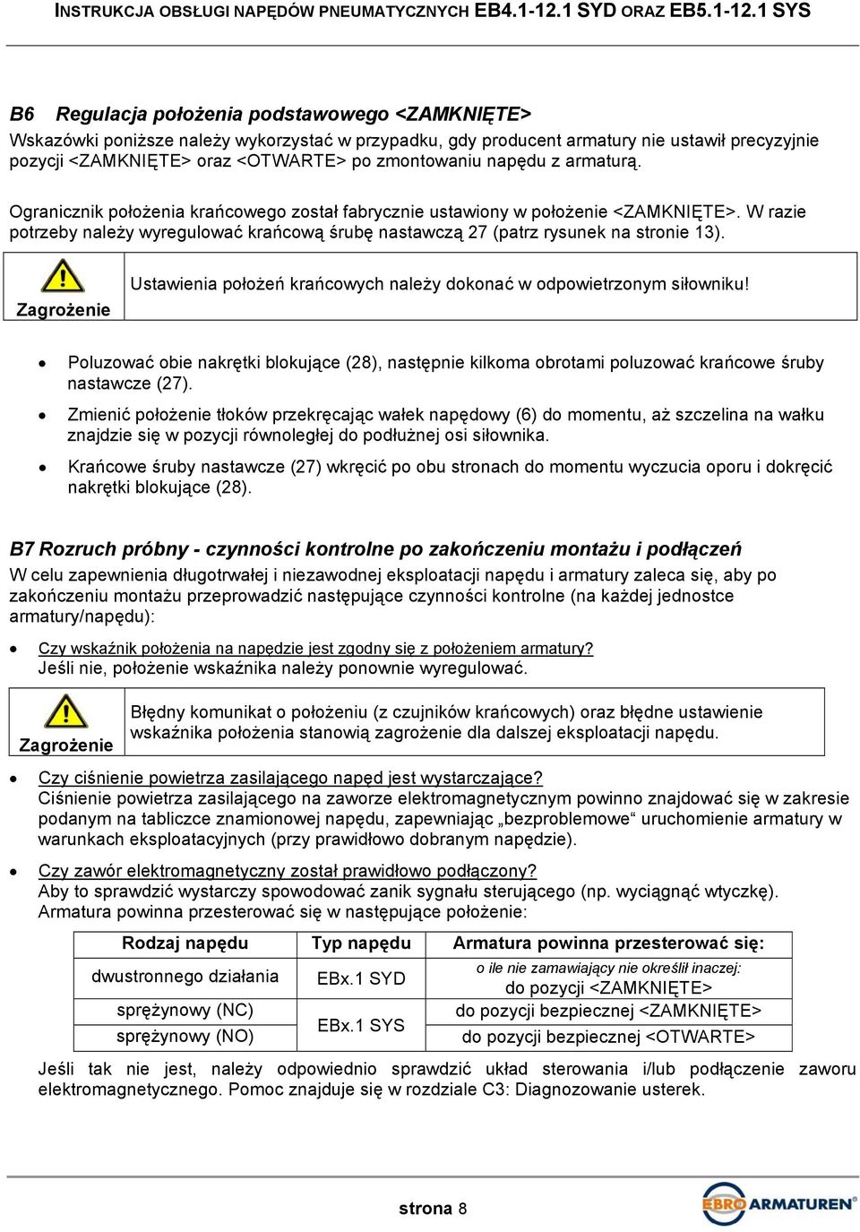 Zagrożenie Ustawienia położeń krańcowych należy dokonać w odpowietrzonym siłowniku! Poluzować obie nakrętki blokujące (28), następnie kilkoma obrotami poluzować krańcowe śruby nastawcze (27).