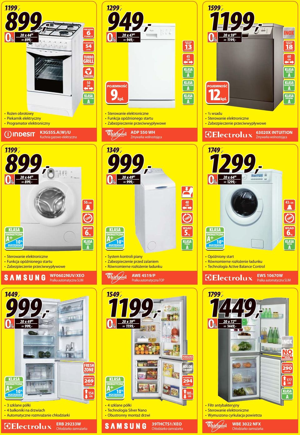 ZUŻYCIE WODY 18 LITRÓW/CYKL 60 KLS SUSZENI KLS ENERGETYCZN KLS Rożen obrotowy Piekarnik elektryczny Programator elektroniczny 1199 899 20 x 4495 = 899 K3G55S.