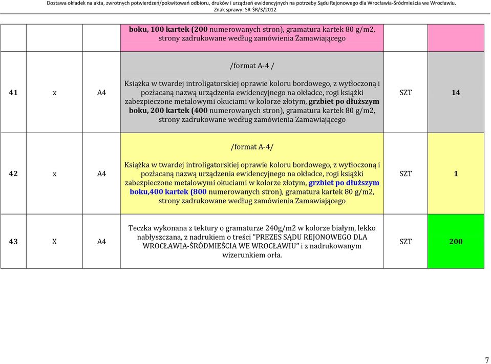 numerowanych stron), gramatura kartek 80 g/m, strony zadrukowane według zamówienia Zamawiającego SZT 4 4 x A4 /format A-4/ Książka w twardej introligatorskiej oprawie koloru bordowego, z wytłoczoną i