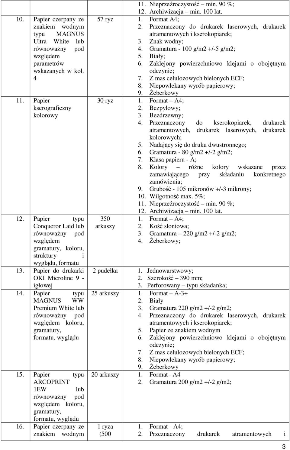 Gramatura - 100 g/m2 +/-5 g/m2; 5. Biały; 30 ryz 1. Format A; zamawiającego przy składaniu konkretnego 350 1. Format A; arkuszy 2. Kość słoniowa; 3. Gramatura 220 g/m2 +/-2 g/m2;.