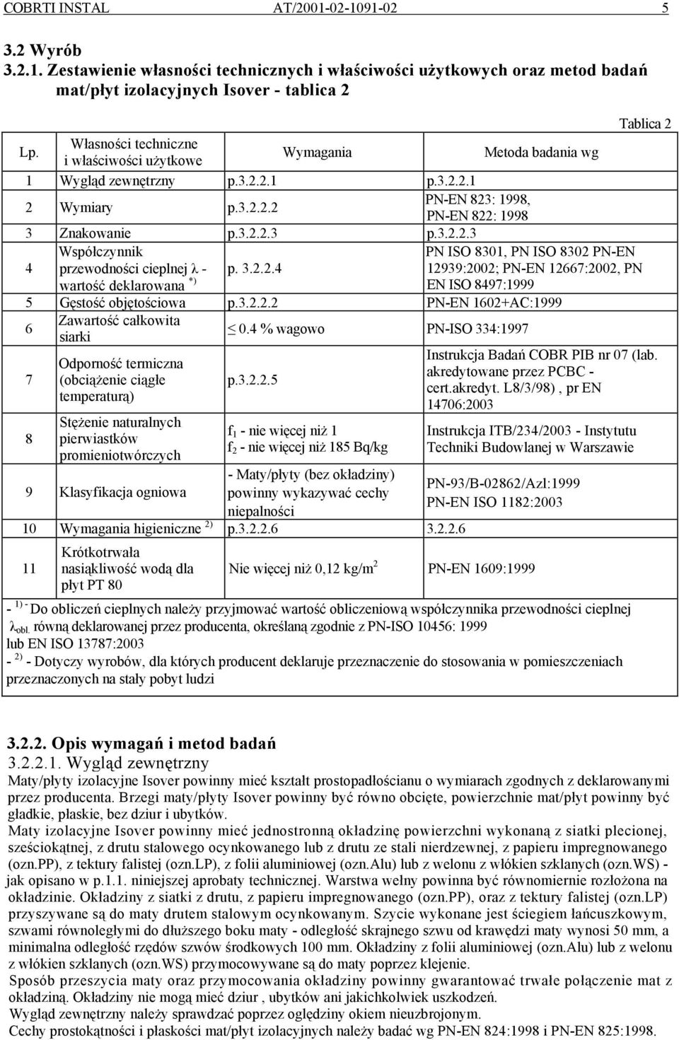 3.2.2.4 PN ISO 8301, PN ISO 8302 PN-EN 12939:2002; PN-EN 12667:2002, PN EN ISO 8497:1999 5 Gęstość objętościowa p.3.2.2.2 PN-EN 1602+AC:1999 6 Zawartość całkowita siarki 0.