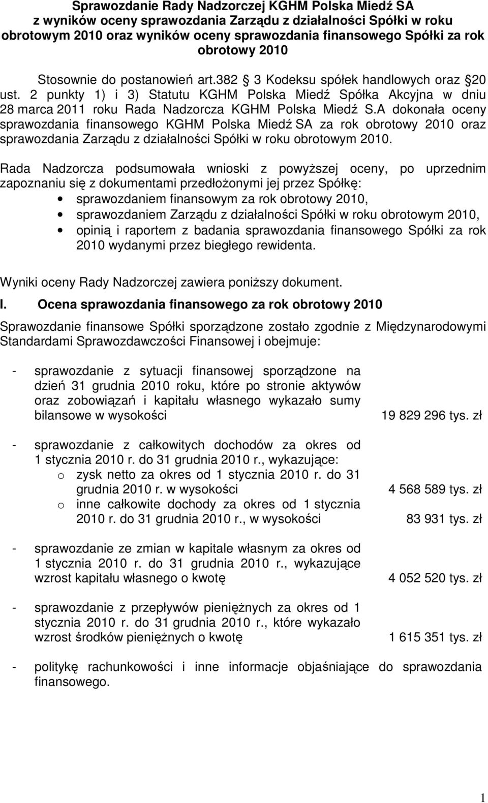 A dokonała oceny sprawozdania finansowego KGHM Polska Miedź SA za rok obrotowy 2010 oraz sprawozdania Zarządu z działalności Spółki w roku obrotowym 2010.