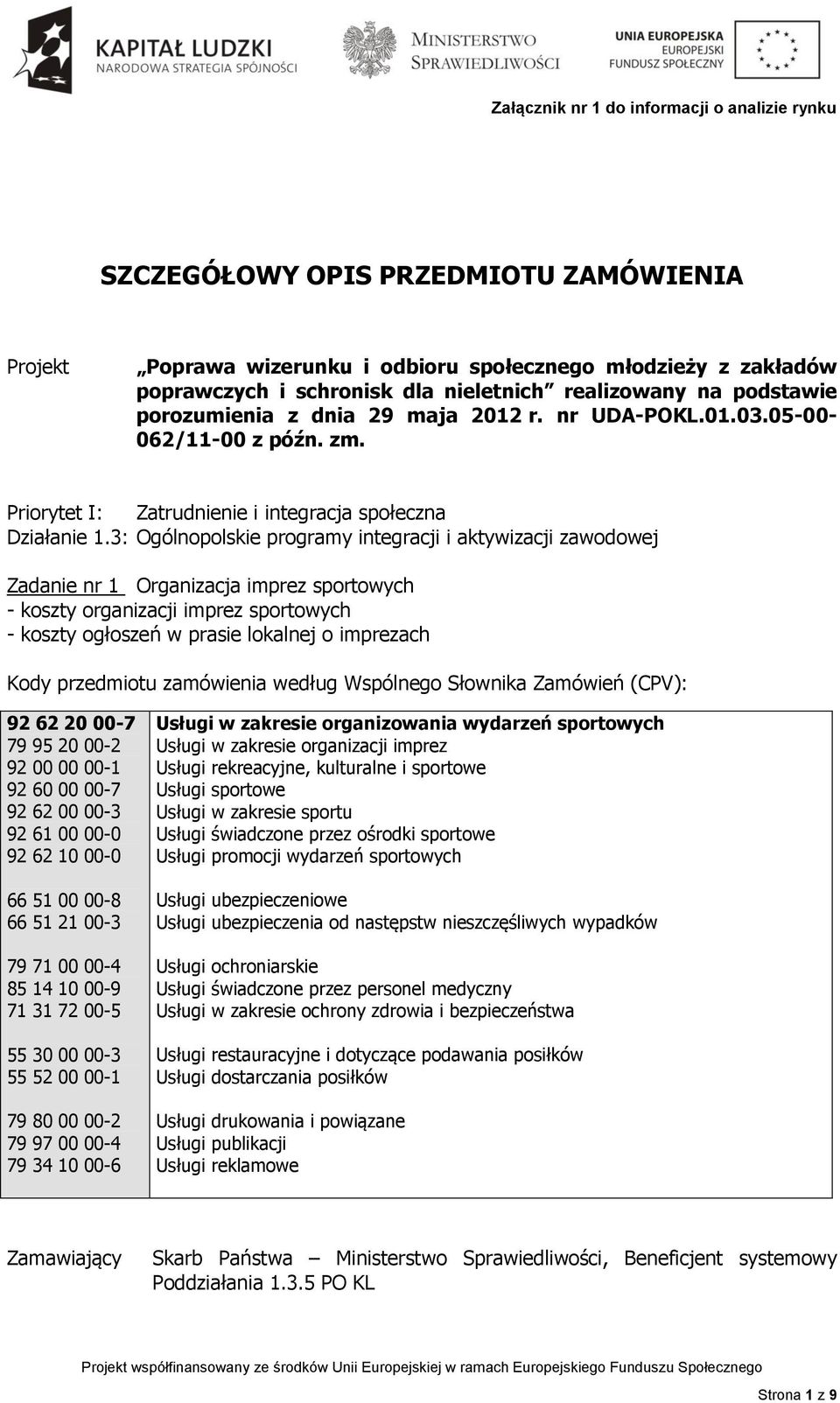 3: Ogólnopolskie programy integracji i aktywizacji zawodowej Zadanie nr 1 Organizacja imprez sportowych - koszty organizacji imprez sportowych - koszty ogłoszeń w prasie lokalnej o imprezach Kody