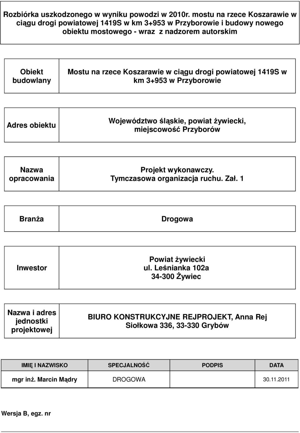 Koszarawie w ciągu drogi powiatowej 1419S w km 3+953 w Przyborowie Adres obiektu Województwo śląskie, powiat żywiecki, miejscowość Przyborów Nazwa opracowania Projekt wykonawczy.