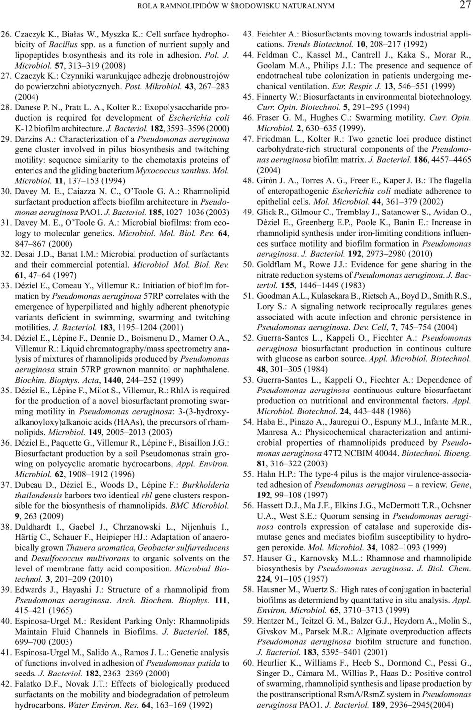 : Czynniki warunkuj¹ce adhezjê drobnoustrojów do powierzchni abiotycznych. Post. Mikrobiol. 43, 267 283 (2004) 28. Danese P. N., Pratt L. A., Kolter R.