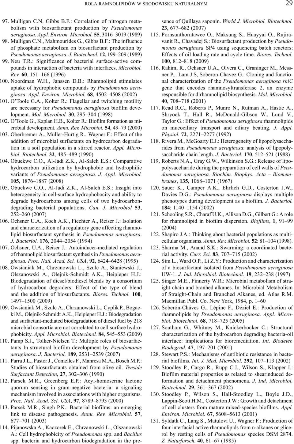 Neu T.R.: Significance of bacterial surface-active compounds in interaction of bacteria with interfaces. Microbiol. Rev. 60, 151 166 (1996) 100. Noordman W.H., Janssen D.B.
