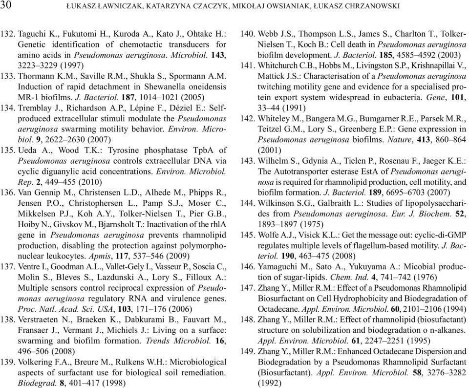 J. Bacteriol. 187, 1014 1021 (2005) 134. Tremblay J., Richardson A.P., Lépine F., Déziel E.: Selfproduced extracellular stimuli modulate the Pseudomonas aeruginosa swarming motility behavior. Environ.