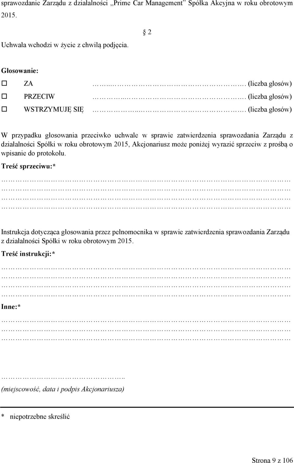 .. (liczba głosów) W przypadku głosowania przeciwko uchwale w sprawie zatwierdzenia sprawozdania Zarządu z działalności Spółki w roku obrotowym 2015, Akcjonariusz może poniżej