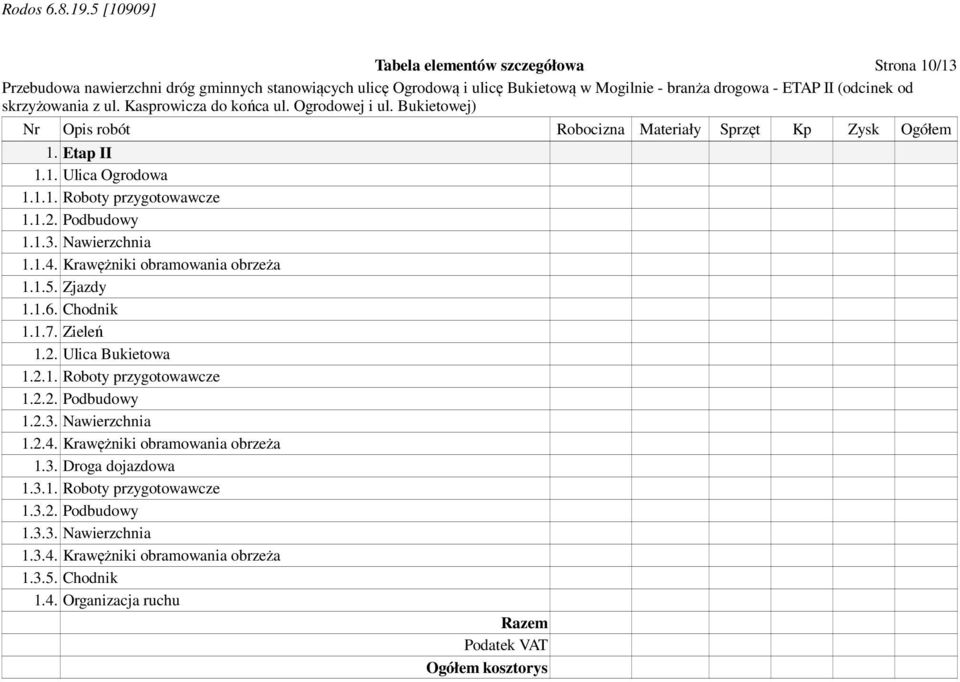 2.2. Podbudowy 1.2.3. Nawierzchnia 1.2.4. Krawężniki obramowania obrzeża 1.3. Droga dojazdowa 1.3.1. Roboty przygotowawcze 1.3.2. Podbudowy 1.3.3. Nawierzchnia 1.3.4. Krawężniki obramowania obrzeża 1.3.5.